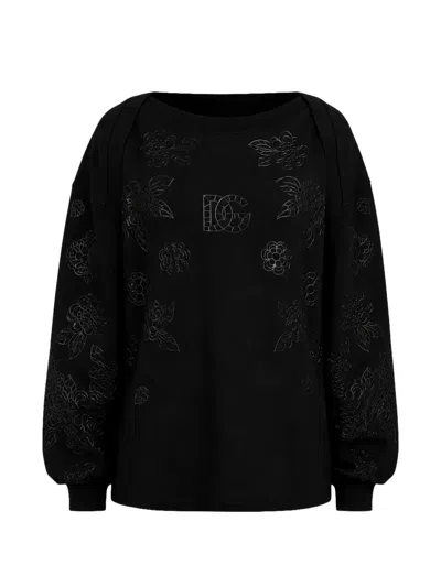 Dolce & Gabbana Pullover Floral Logo Applique Sweater In Black