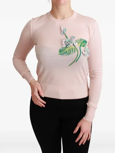 Dolce & Gabbana Floral Silk Cashmere Pullover Sweater In Pink
