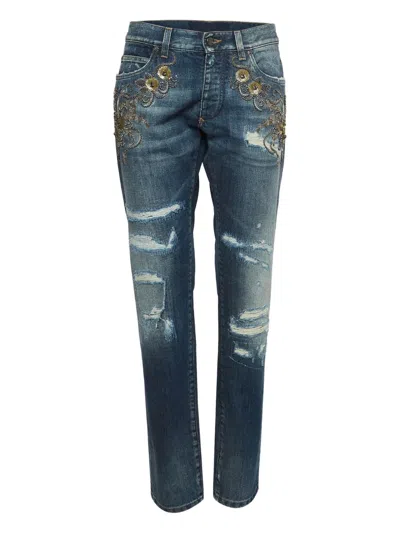 Pre-owned Dolce & Gabbana Floral-embroidered Distressed Jeans In Blue