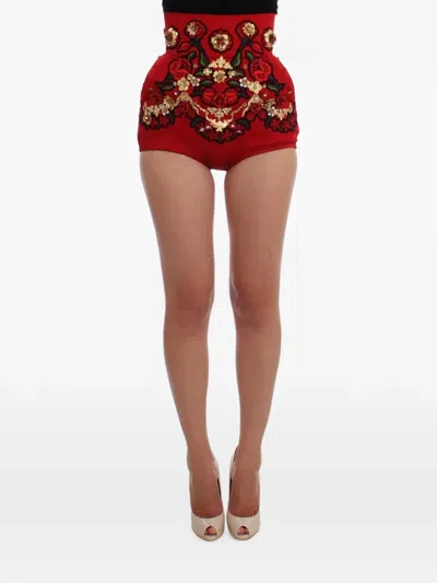 Dolce & Gabbana Floral-embroidered Mini Shorts In Red