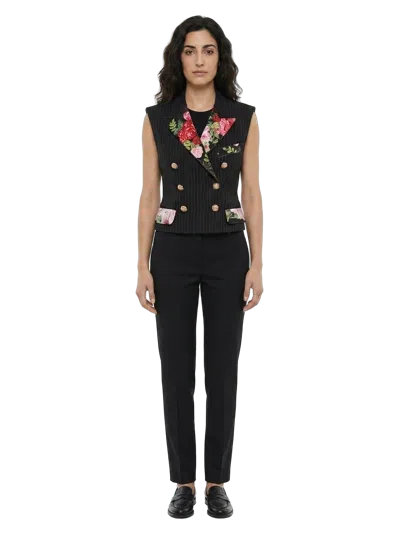 Dolce & Gabbana Floral-embroidered Pinstriped Wool Blazer In Black