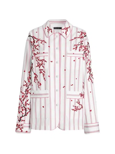 Dolce & Gabbana Floral-embroidered Striped Shirt In Multi