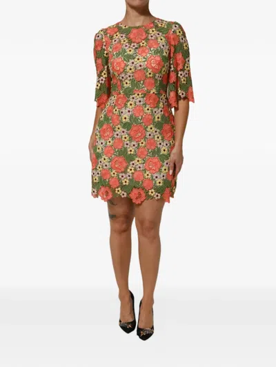 Dolce & Gabbana Floral Embroidery Aline Mini Dress Lace In Brown