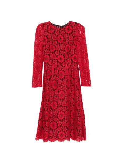 Pre-owned Dolce & Gabbana Floral-lace Midi Dress In Red