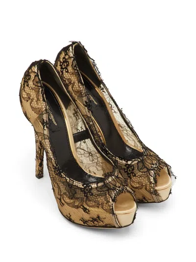 Pre-owned Dolce & Gabbana Floral-lace Plantform Pumps In Black