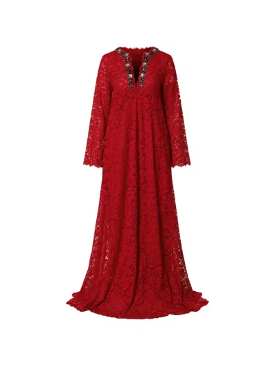 Dolce & Gabbana Floral Lace Rhinestone Embellished Long Dress In Red