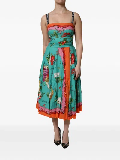 Dolce & Gabbana Multicolor Printed Silk Sleeveless Midi Dress In Green