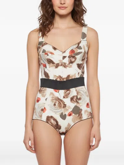 Pre-owned Dolce & Gabbana Floral-print Bodysuit In Neutrals
