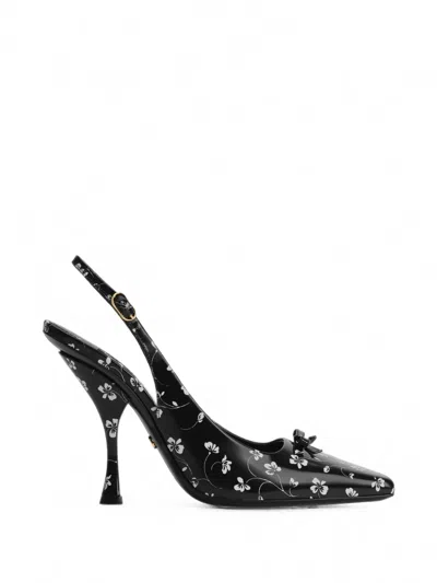 Dolce & Gabbana Floral-print Calfskin Slingback Heeled Pumps In Black