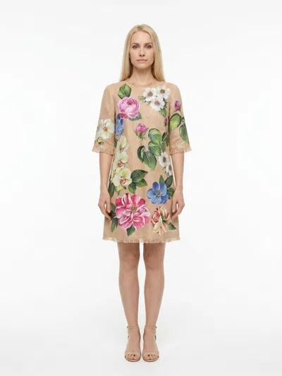 Dolce & Gabbana Floral-print Cotton Dress In Beige
