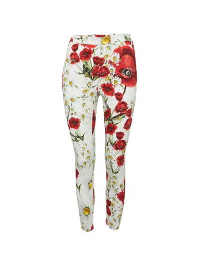 Pre-owned Dolce & Gabbana Floral-print Crepe Slim-fit Trousers In White