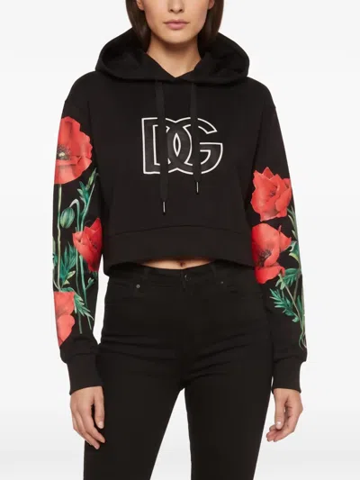Pre-owned Dolce & Gabbana Floral-print Cropped Hoodie In Black