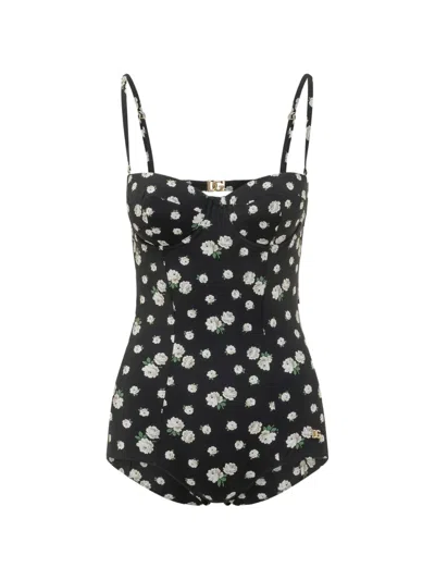 Dolce & Gabbana Floral-print Dg Logo Swimsuit In Multi