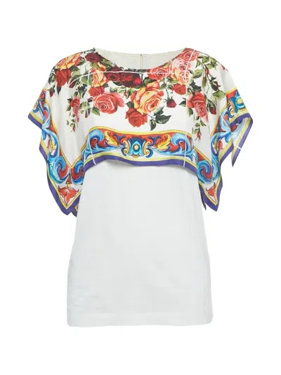 Pre-owned Dolce & Gabbana Floral-print Draped Blouse In White