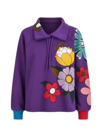 Dolce & Gabbana Floral Print Pullover Cotton Blend Sweater In Purple