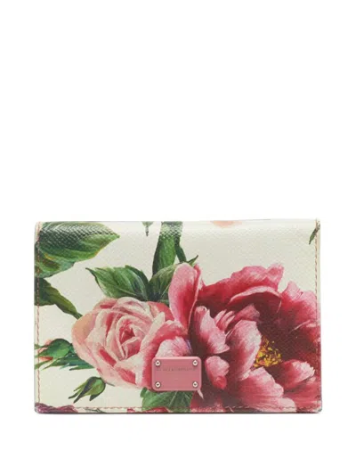 Pre-owned Dolce & Gabbana Floral-print Flap Card Case In White