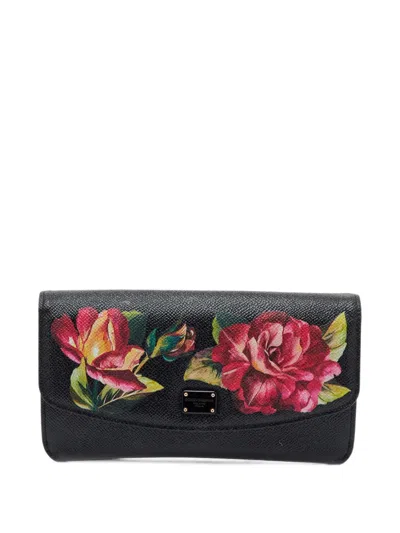 Pre-owned Dolce & Gabbana Floral-print Flap Wallet In Black