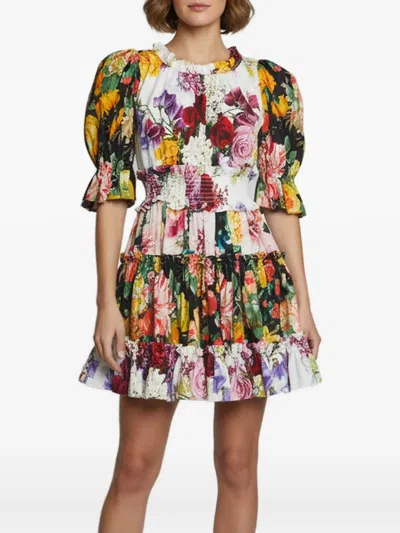 Pre-owned Dolce & Gabbana Floral-print Flared Mini Dress In White