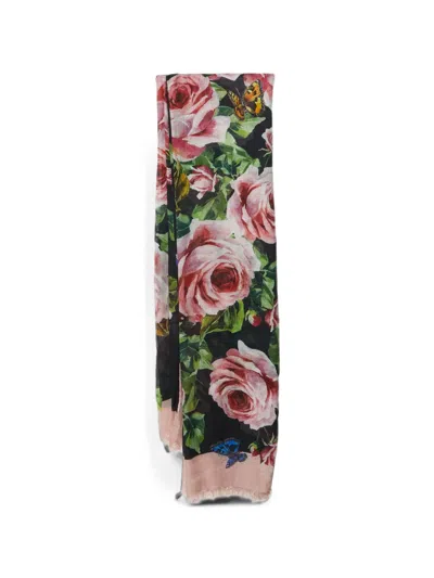Pre-owned Dolce & Gabbana Floral-print Frayed Scarf In Black