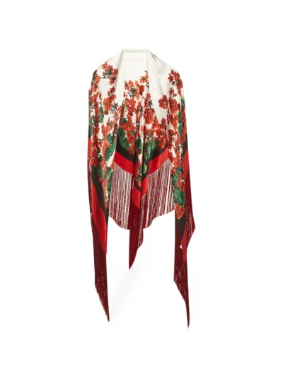 Pre-owned Dolce & Gabbana Floral-print Fringed Shawl In White