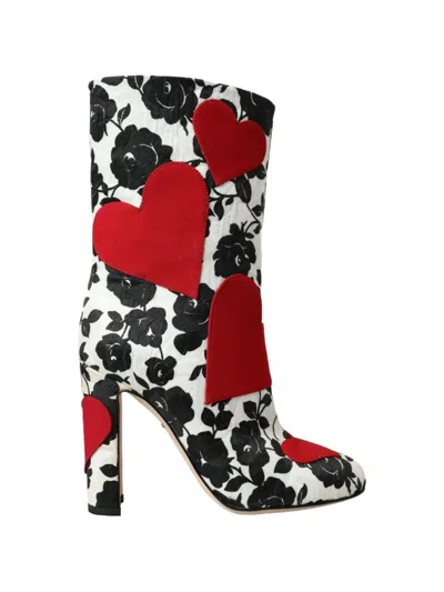 Dolce & Gabbana Floral Motif Leather High Heel Boots In Multi