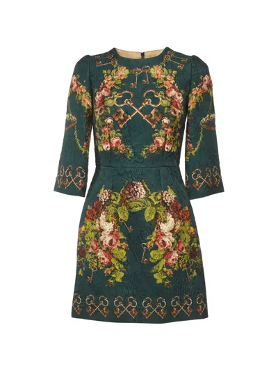 Pre-owned Dolce & Gabbana Floral-print Jacquard Mini Dress In Green
