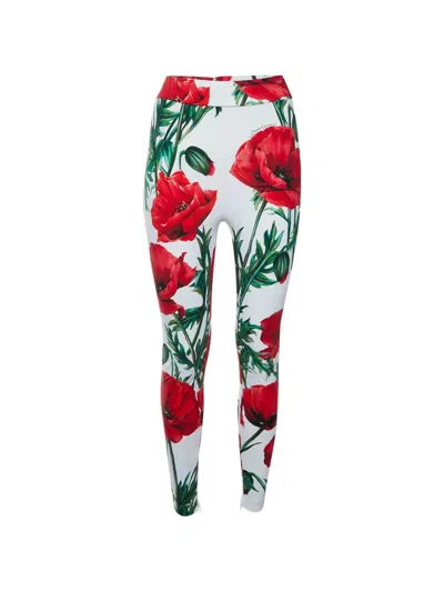 Pre-owned Dolce & Gabbana Floral-print Jersey Leggings In White