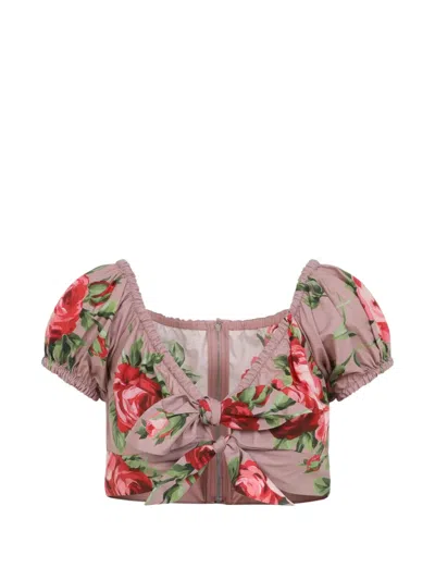 Dolce & Gabbana Floral-print Knotted-front Blouse In Gray
