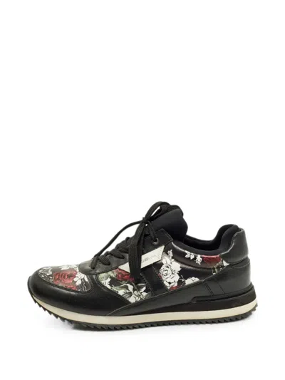 Pre-owned Dolce & Gabbana Floral-print Leather Sneakers In Black