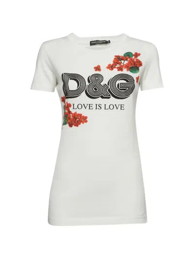 Pre-owned Dolce & Gabbana Floral-print Logo-print T-shirt In White