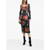 Dolce & Gabbana Rose-print Satin Long-sleeve Midi Dress In Multi