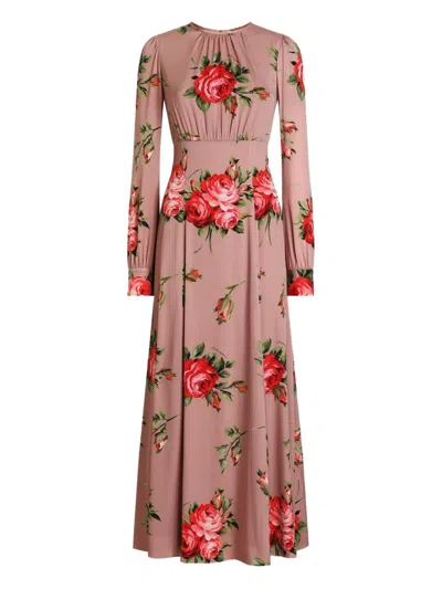 Dolce & Gabbana Floral-print Long-sleeve Midi Dress In Pink