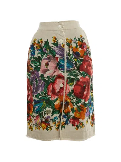 Pre-owned Dolce & Gabbana Floral-print Midi Skirt In Neutral
