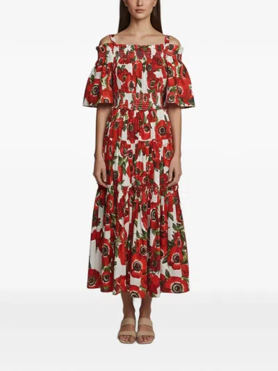 Pre-owned Dolce & Gabbana Floral-print Off-shoulder Midi Dress In Red