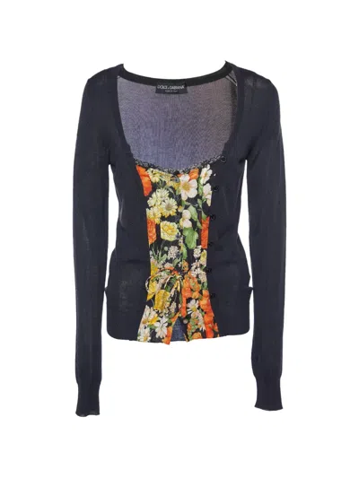 Pre-owned Dolce & Gabbana Floral-print Panelled Cardigan In Black