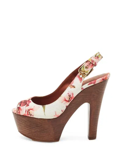 Pre-owned Dolce & Gabbana Floral-print Platform Heeled Sandals In White