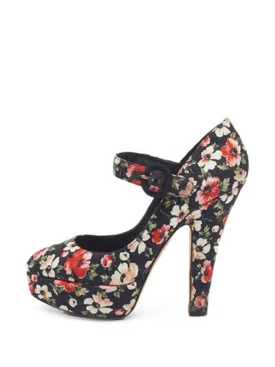 Pre-owned Dolce & Gabbana Floral-print Platform Pumps In Black