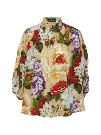 Pre-owned Dolce & Gabbana Floral-print Pleated Blouse In Neutrals