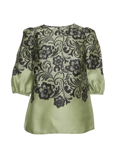 Pre-owned Dolce & Gabbana Floral-print Puff-sleeve Blouse In Green