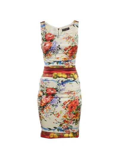 Pre-owned Dolce & Gabbana Floral-print Ruched Midi Dress In Neutrals