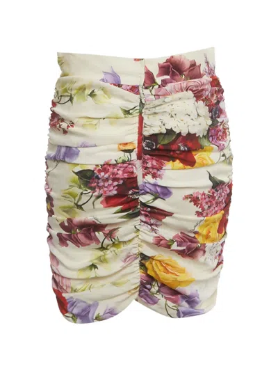 Pre-owned Dolce & Gabbana Floral-print Ruched Mini Skirt In Neutrals