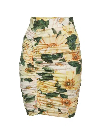 Pre-owned Dolce & Gabbana Floral-print Ruched Mini Skirt In Yellow