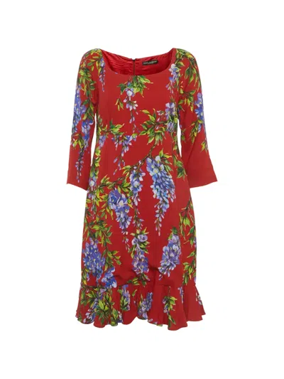Pre-owned Dolce & Gabbana Floral-print Ruffled Dress In Red