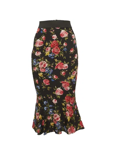 Pre-owned Dolce & Gabbana Floral-print Ruffled-hem Midi Skirt In Black