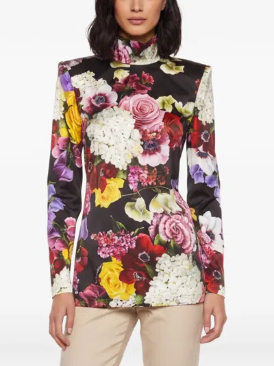 Pre-owned Dolce & Gabbana Floral-print Satin Blouse In Black
