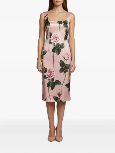 Pre-owned Dolce & Gabbana Floral-print Satin Midi Dress In Pink