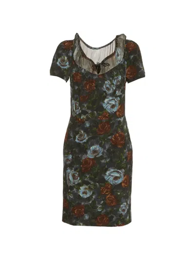 Pre-owned Dolce & Gabbana Floral-print Scoop-neck Mini Dress In Gray