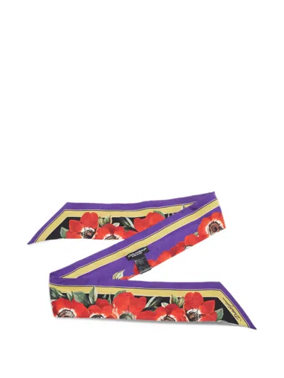 Pre-owned Dolce & Gabbana Floral-print Silk Bandeau Scarf In Purple