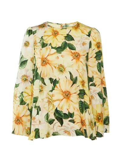 Pre-owned Dolce & Gabbana Floral-print Silk Blouse In Yellow