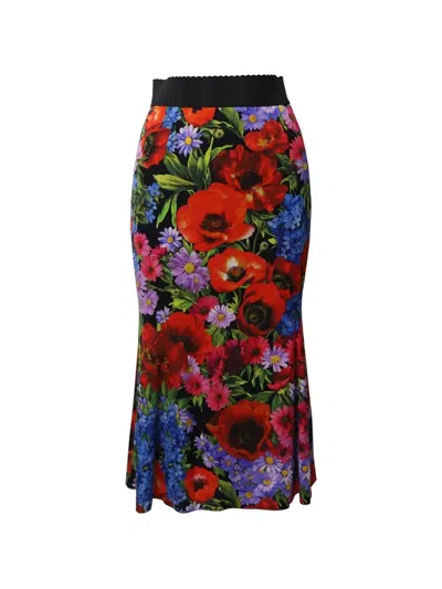 Pre-owned Dolce & Gabbana Floral-print Silk Midi Skirt In Black